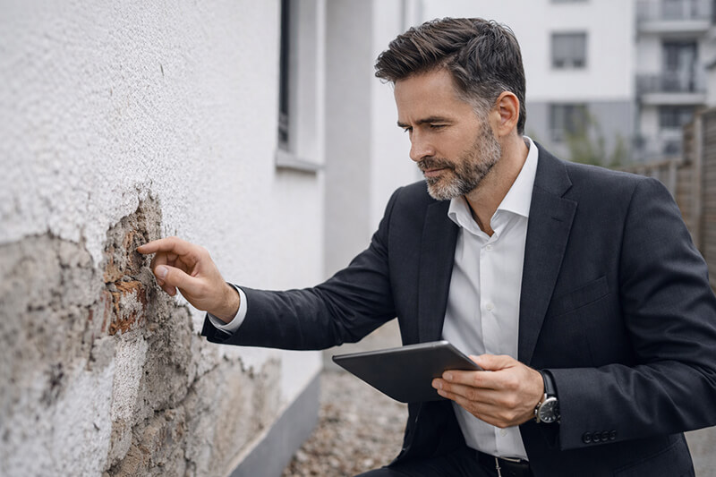 Gutachter dokumentiert Bauschäden an Gebäude