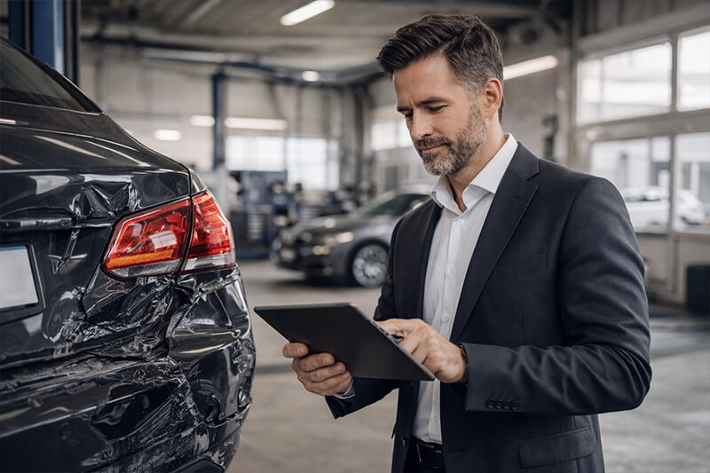 Kfz-Sachverständiger begutachtet Unfallschaden am Fahrzeug